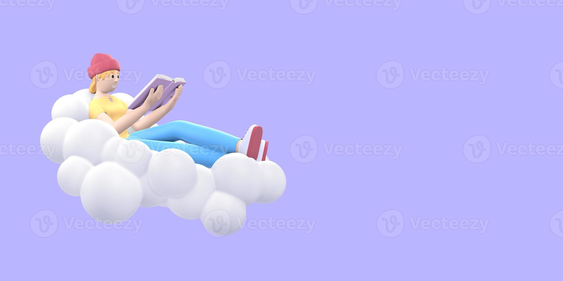 Literature fan young hipster girl in a hat in the sky on a cloud reads a book. Funny, abstract cartoon people on purple background. 3D rendering. photo