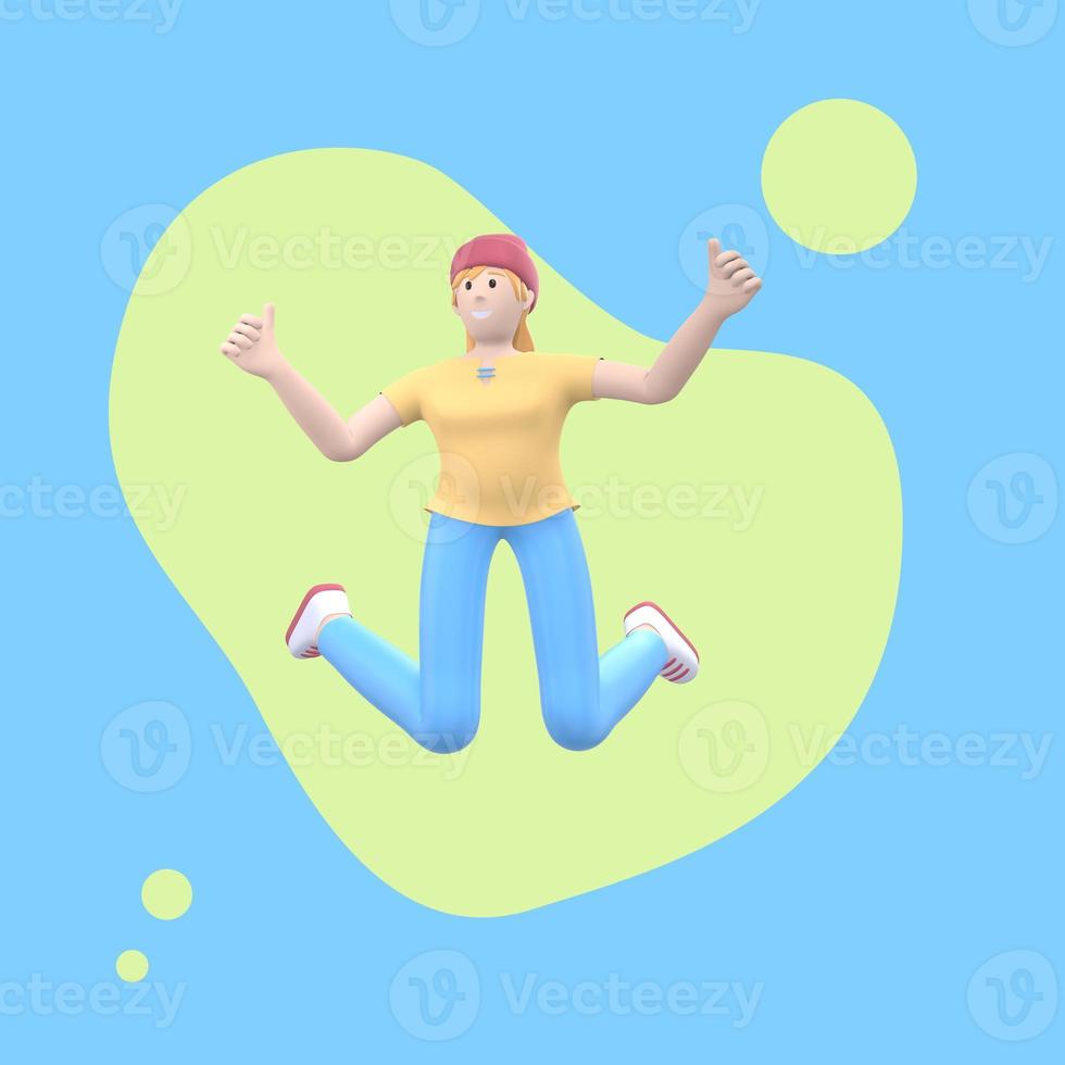 Positive character in colored clothes on an abstract stain background. Young cheerful hipster girl runs, dances, jumps, levitates and flies. Funny cartoon people. 3D rendering. photo