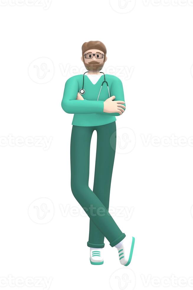 Medical character A young man doctor in a suit stands with hands clasped on chest. Cartoon person isolated on a white background. 3D rendering. photo