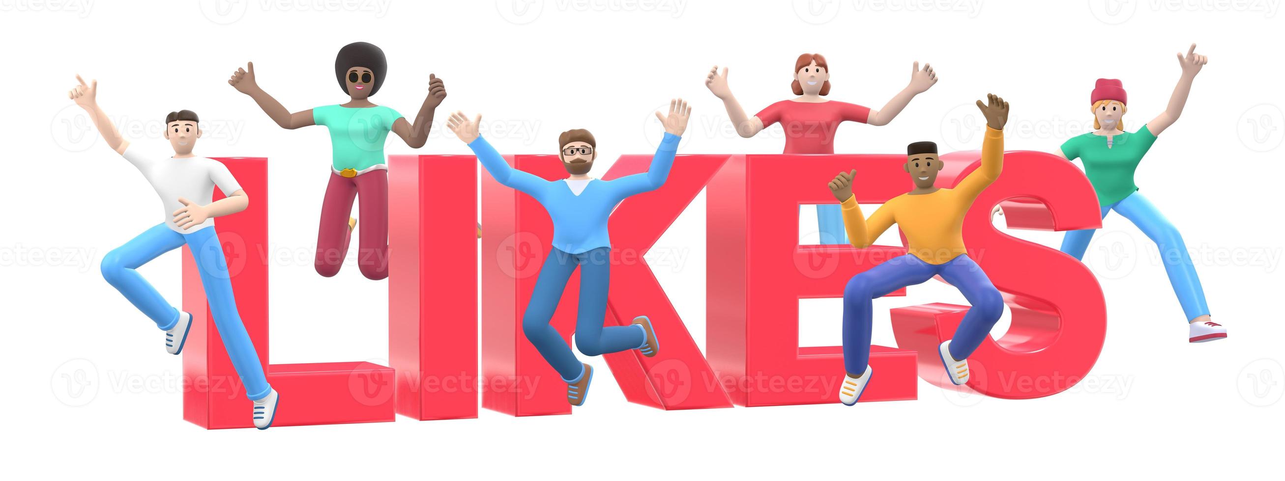 The word likes on a white background. Group of young multicultural happy people jump and dance together. Horizontal banner cartoon character and website slogan. 3D rendering. photo