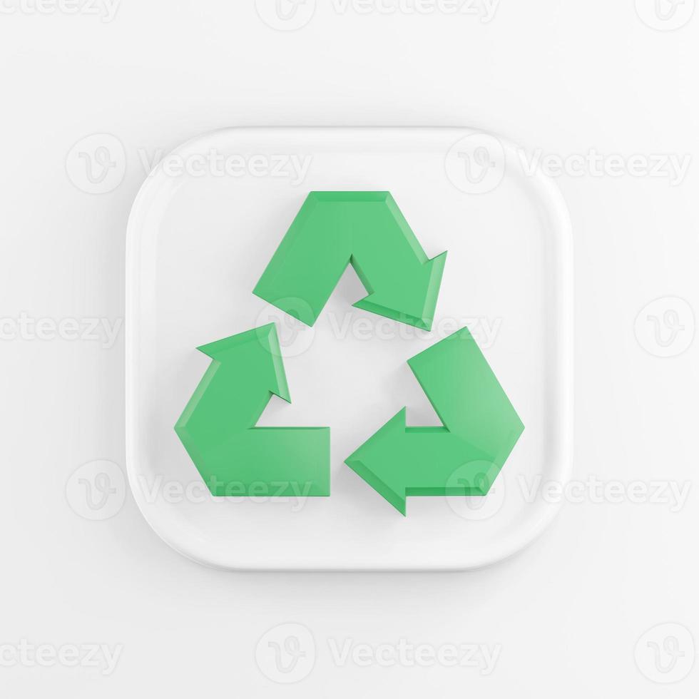 3d rendering square white icon button key green recycling symbol isolated on white. photo