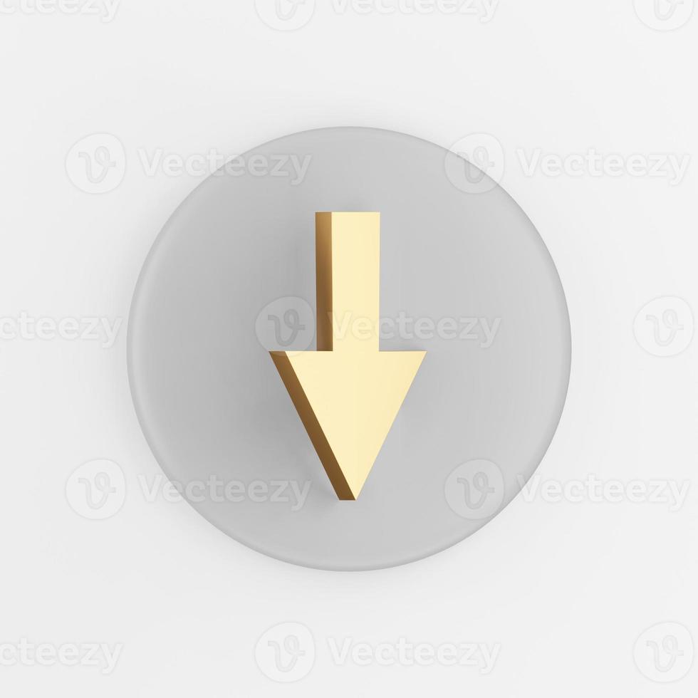 Down arrow gold icon. 3d rendering gray round key button, interface ui ux element. photo