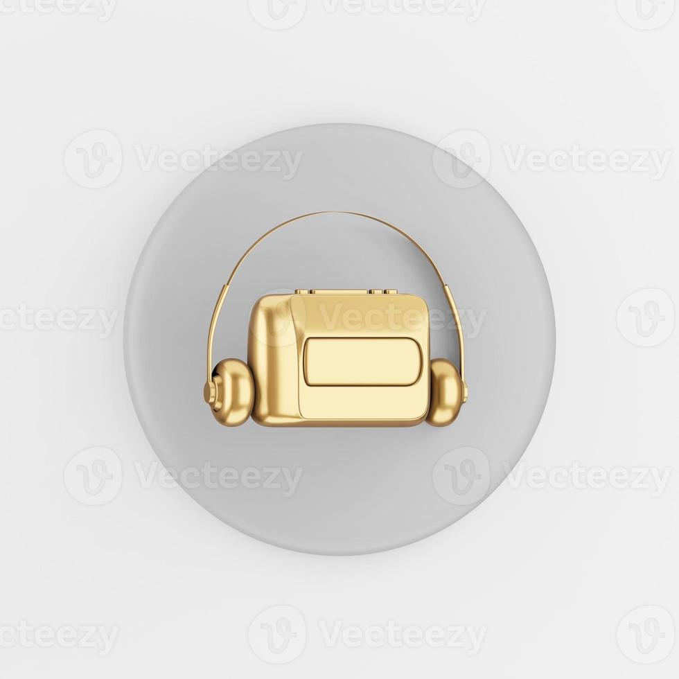 Golden vintage audio cassette player icon. 3d rendering gray round key button, interface ui ux element. photo
