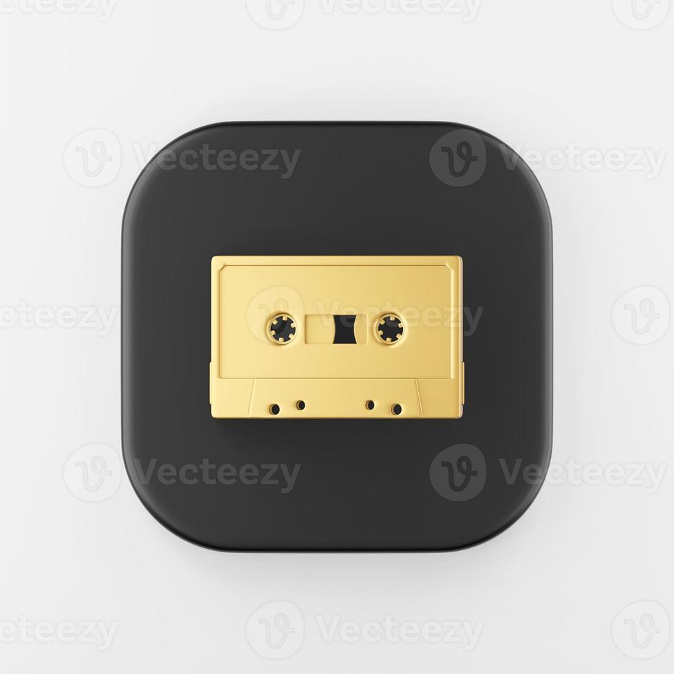 Golden cassette icon. 3d rendering black square button key, interface ui ux element. photo