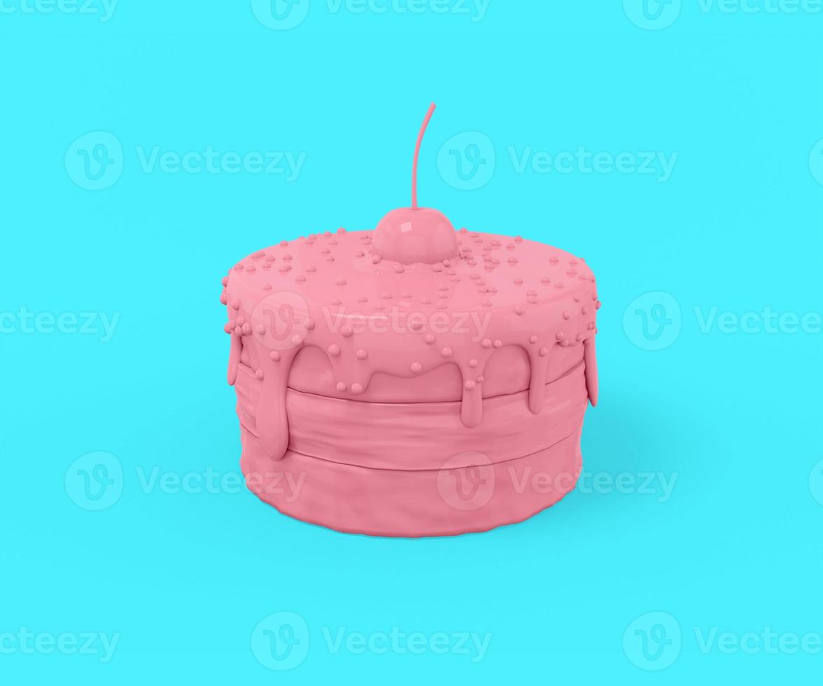 Pink little cake with a cherry on top on a light blue background. Minimalistic design object. 3d rendering. photo