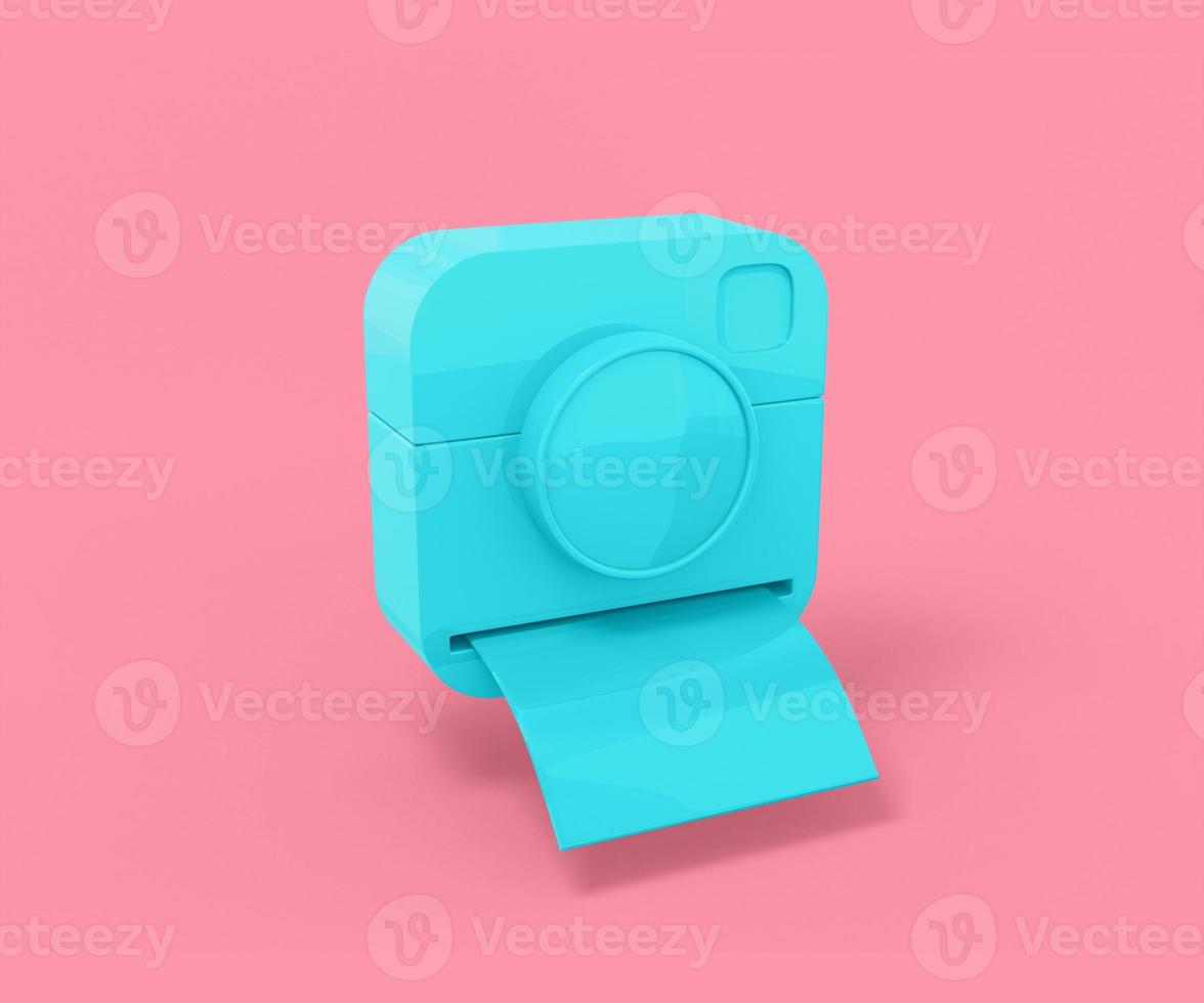 Blue camera with instant photos on a pink background. Minimalistic design object. 3d rendering icon ui ux interface element.