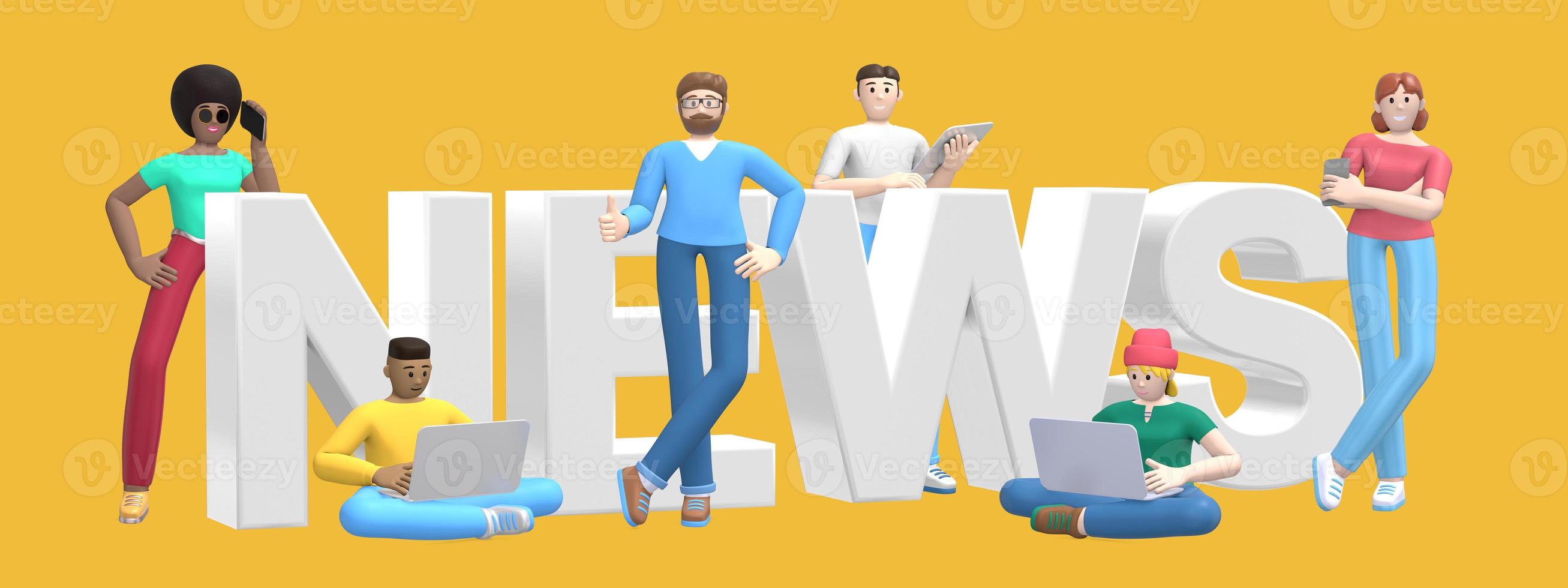 Word news on yellow background. Group of young multicultural successful people with laptop, tablet, phone. Horizontal banner cartoon character and website slogan. 3D rendering. photo