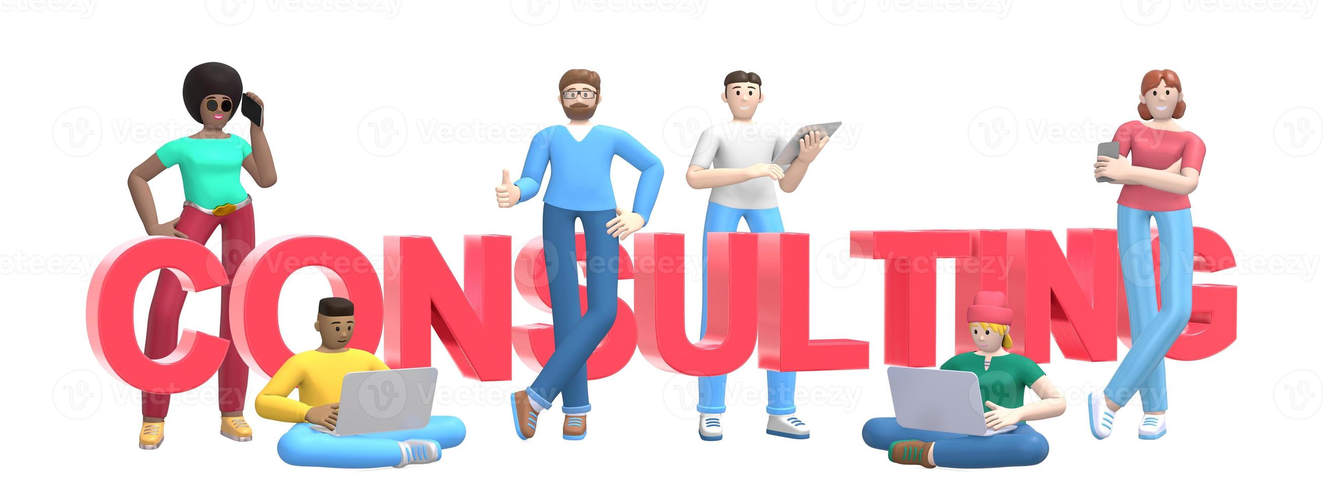Group of young multiethnic successful people with laptop, tablet, phone and word consulting on white background. Horizontal banner cartoon character and text website slogan. 3D rendering. photo