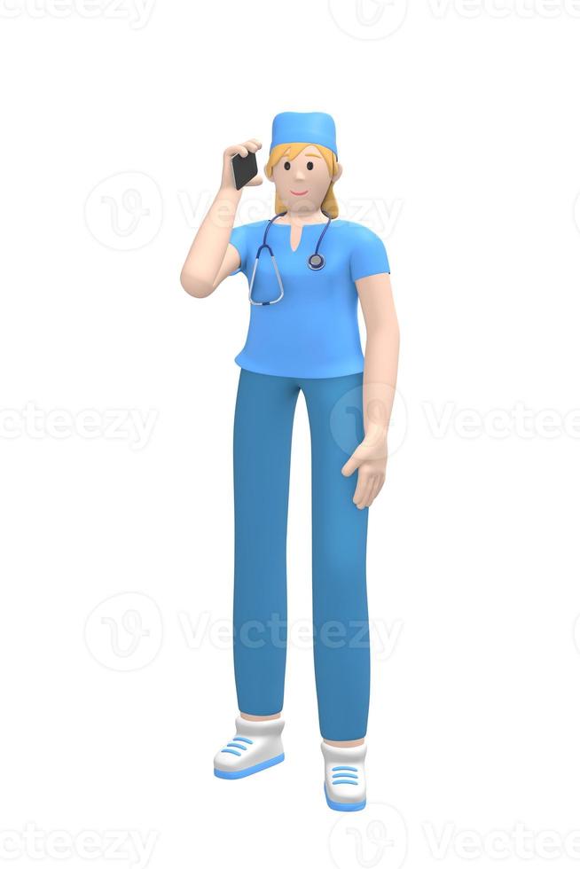 Medical character young white female doctor in a suit talking on the phone, accepts a call. Cartoon person isolated on a white background. 3D rendering. photo