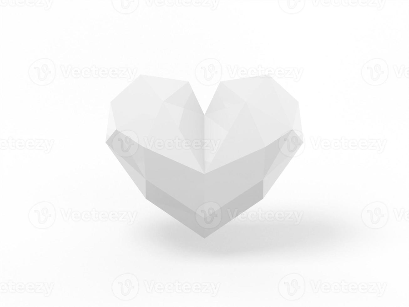 Low poly white single color heart on a white monochrome background. Minimalistic design object. 3d rendering icon ui ux interface element. photo