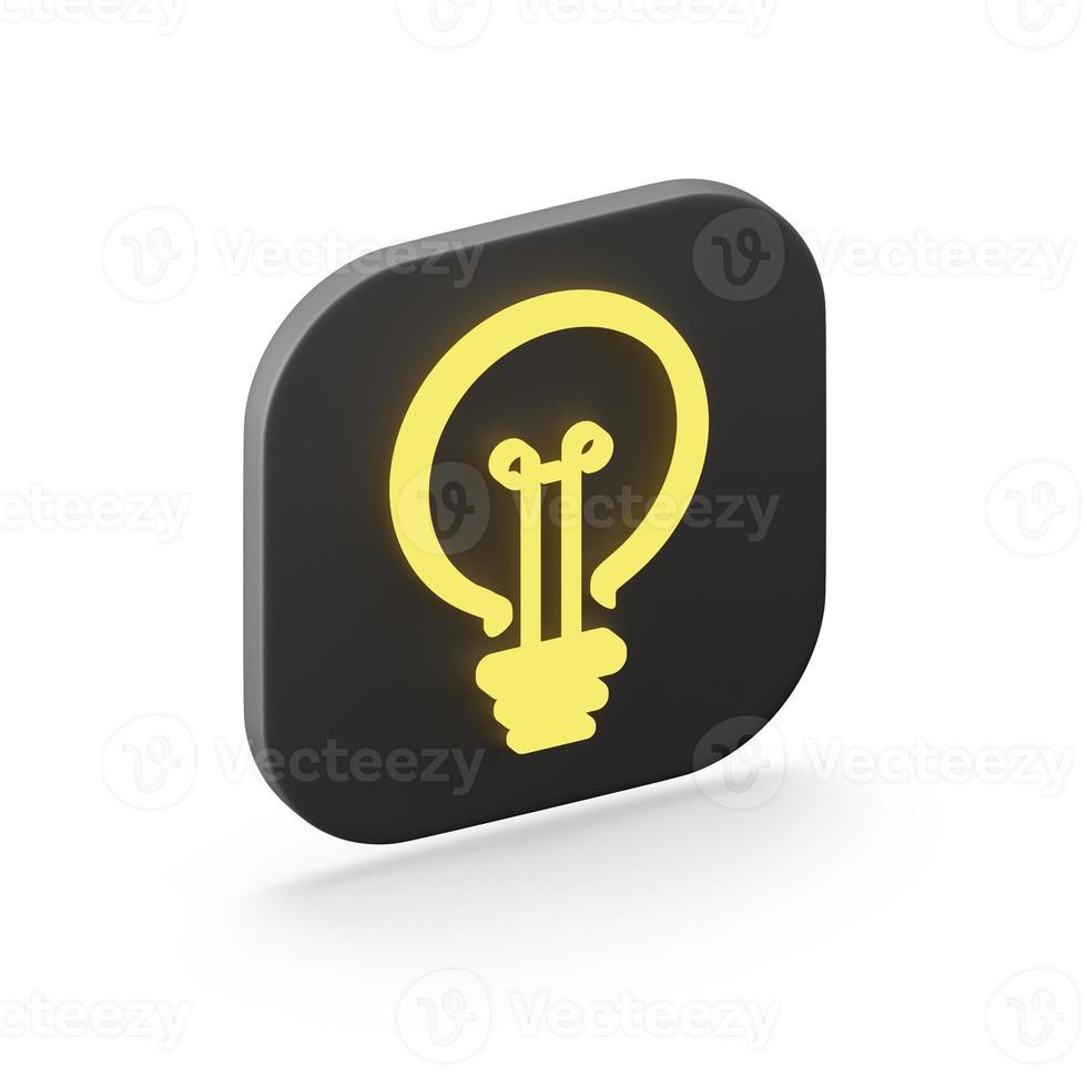 The icon is a stylized flat yellow light bulb, a black square button. 3D rendering. photo