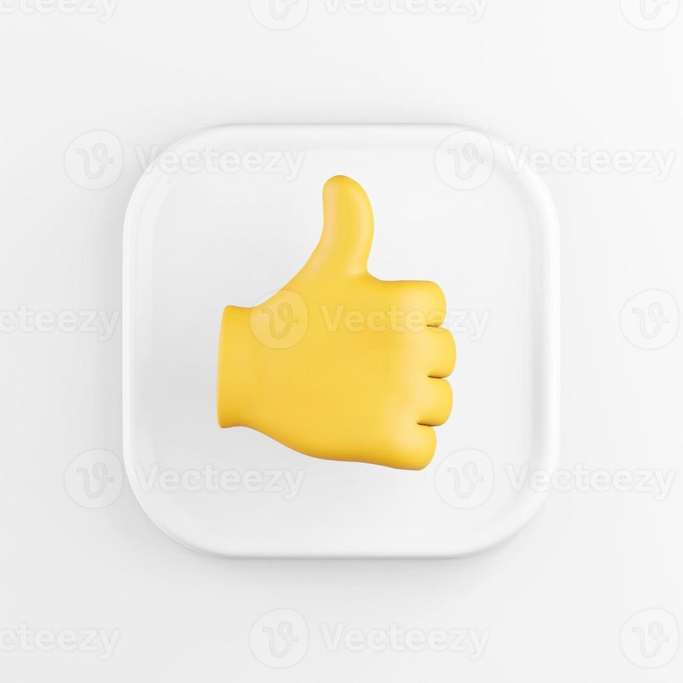 Representación 3D de un botón de icono cuadrado blanco, la palma de la mano amarilla con el pulgar hacia arriba aislado sobre fondo blanco. foto