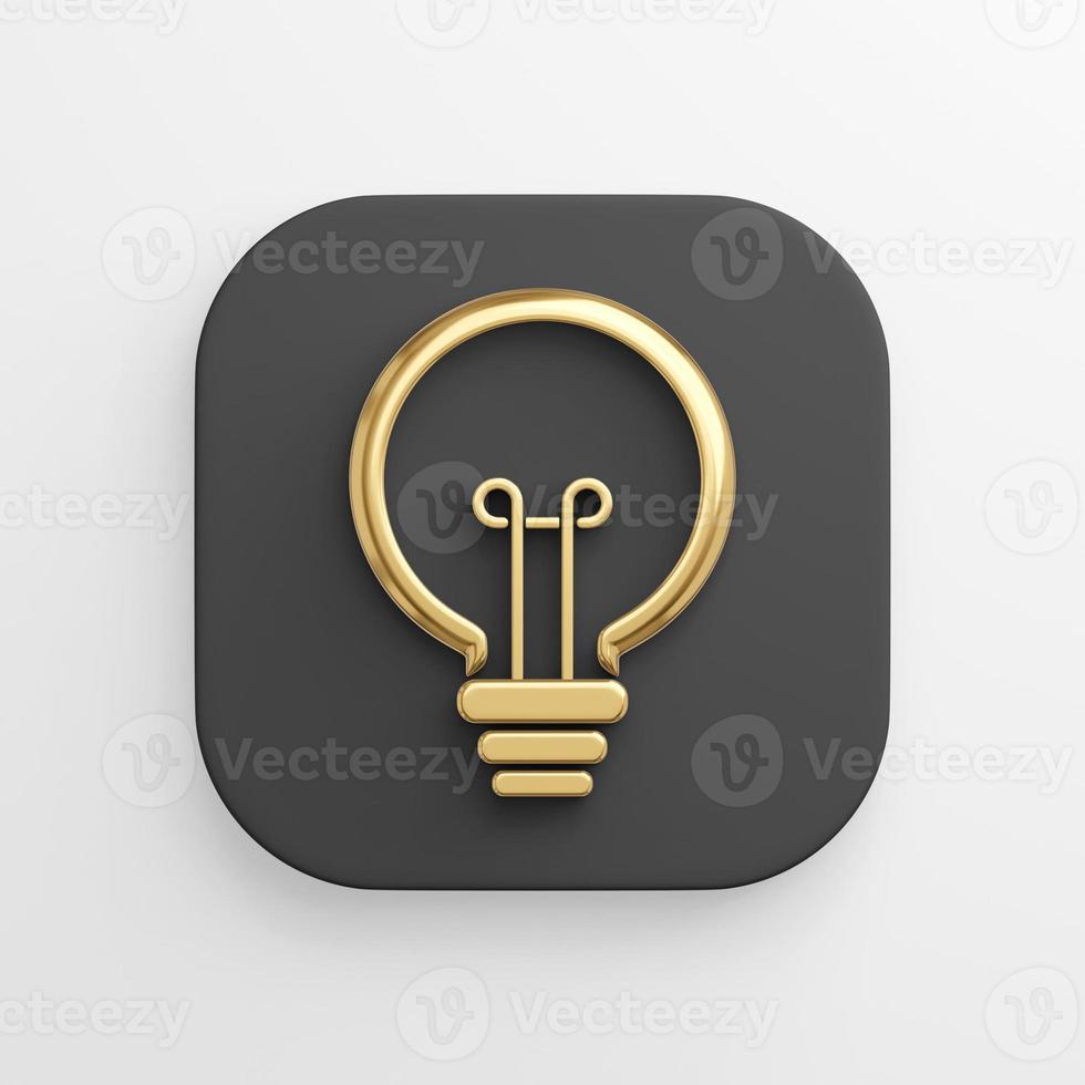 Icon stylized gold light bulb linear outline, black square button. 3D rendering. photo