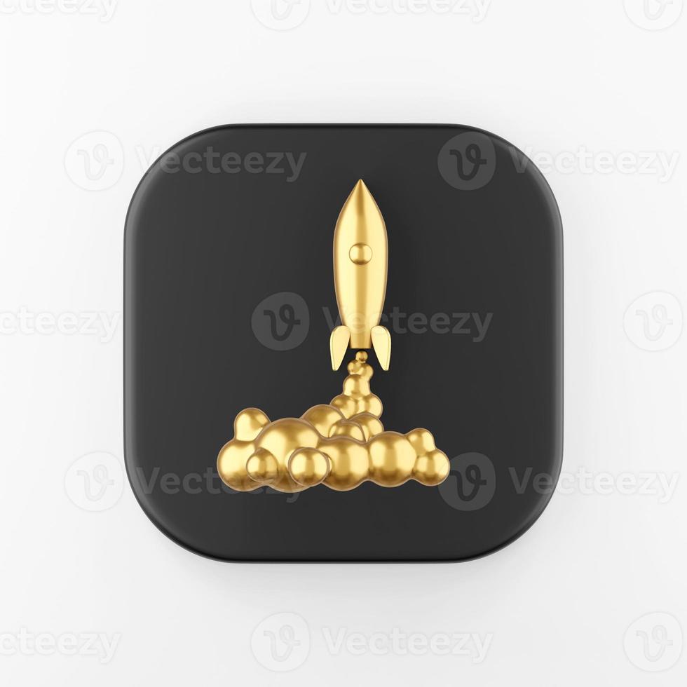 Golden space rocket launch icon. 3d rendering black square key button, interface ui ux element. photo