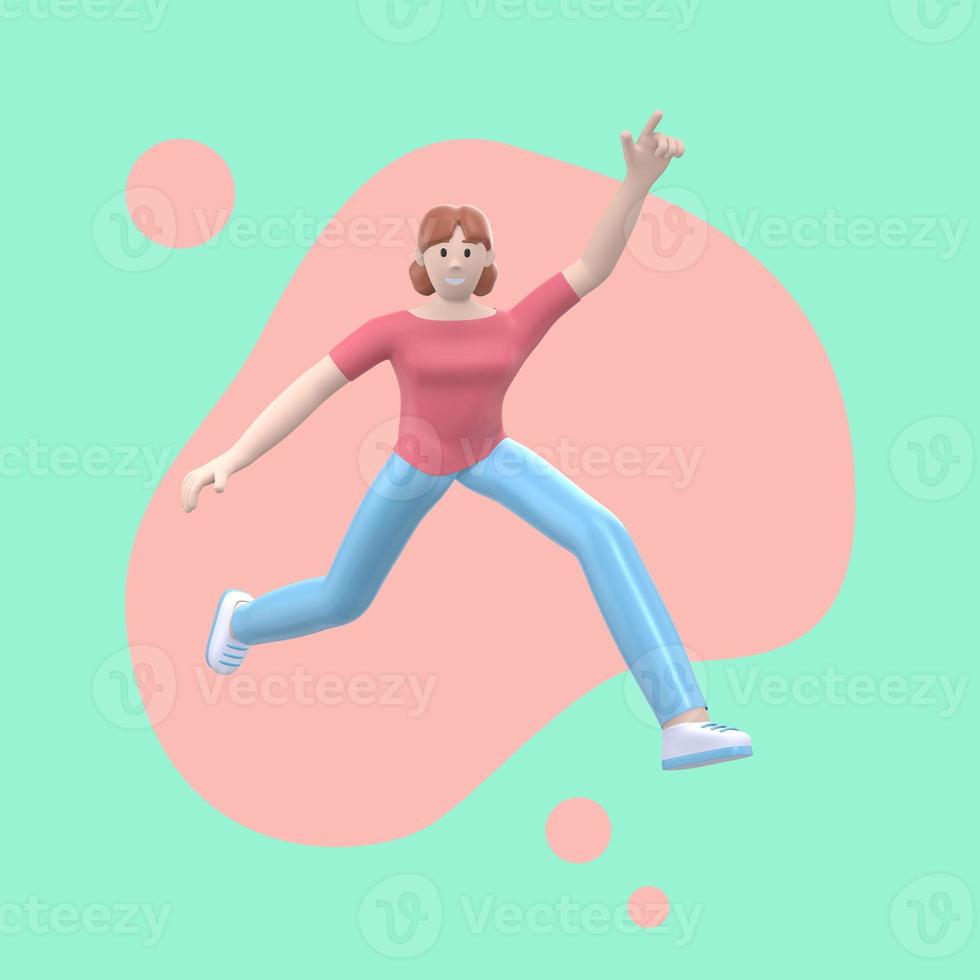 Positive character in colored clothes on an abstract stain background. A young cheerful girl runs, dances, jumps, levitates and flies. Funny cartoon people. 3D rendering. photo