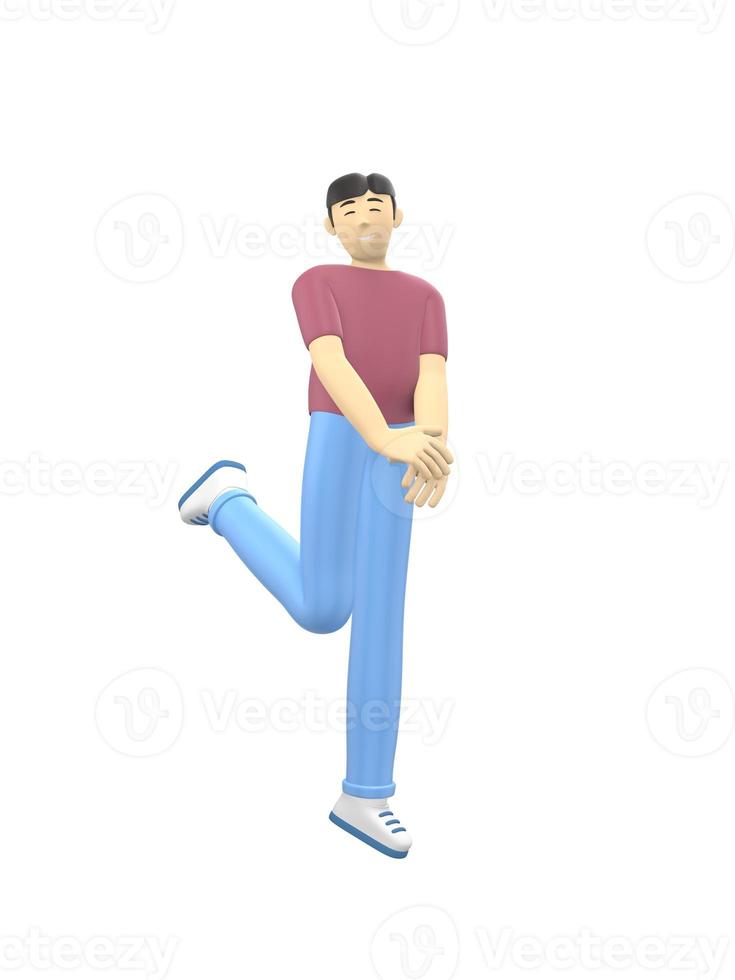 3D rendering character of an Asian guy jumping and dancing holding his hands up. Happy cartoon people, student, businessman. Positive illustration is isolated on a white background. photo