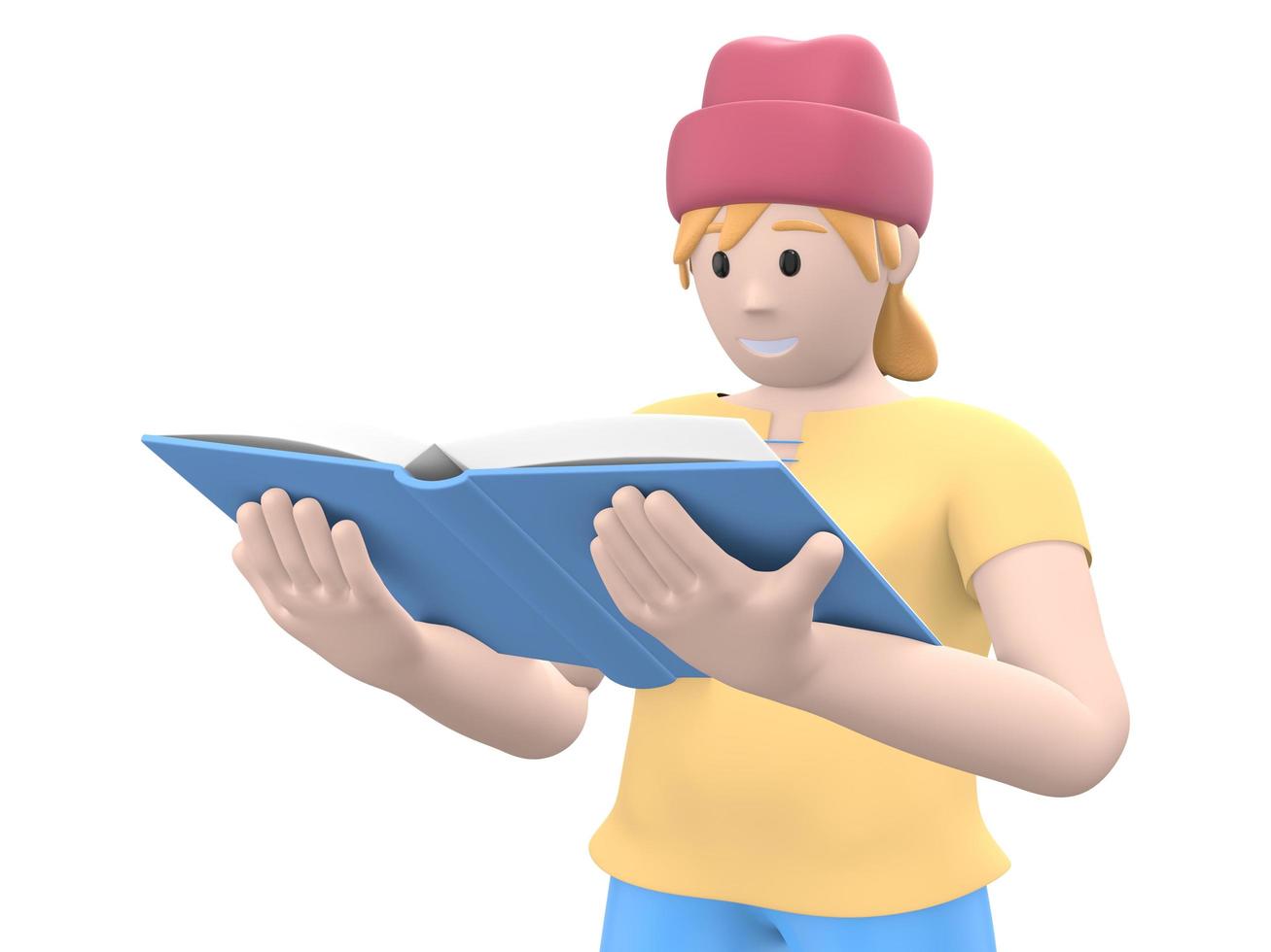 Character young hipster girl in a hat a fan of literature is reading a book. Funny, abstract cartoon people isolated on a white background. 3D rendering. photo