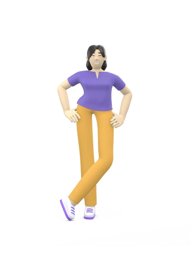 3D rendering character of an Asian girl standing in a free pose. Happy cartoon people, student, businessman. Positive illustration is isolated on a white background. photo