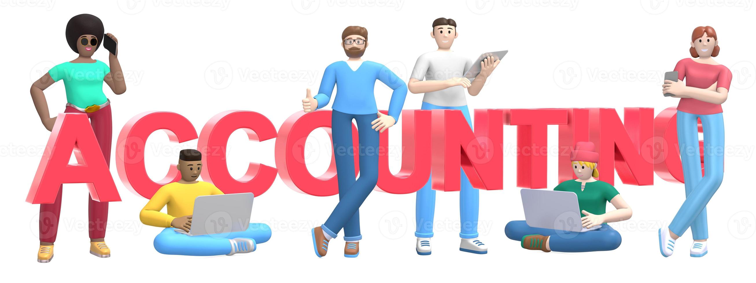 Group of young multiethnic successful people with laptop, tablet, phone and surround word accounting on white background. Horizontal banner cartoon character and website slogan. 3D rendering. photo