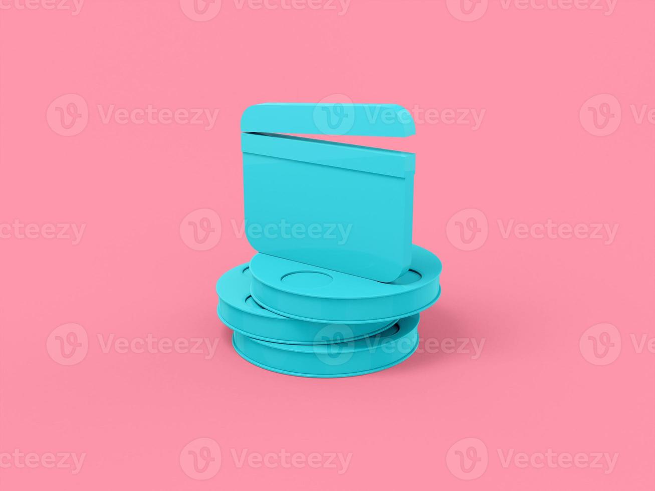 Blue mono color movie clapper on film reels on a pink solid background. Minimalistic design object. 3d rendering icon ui ux interface element. photo
