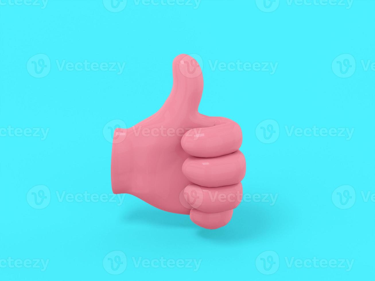 Pink single color palm with thumb up on a blue monochrome background. Minimalistic design object. 3d rendering icon ui ux interface element. photo