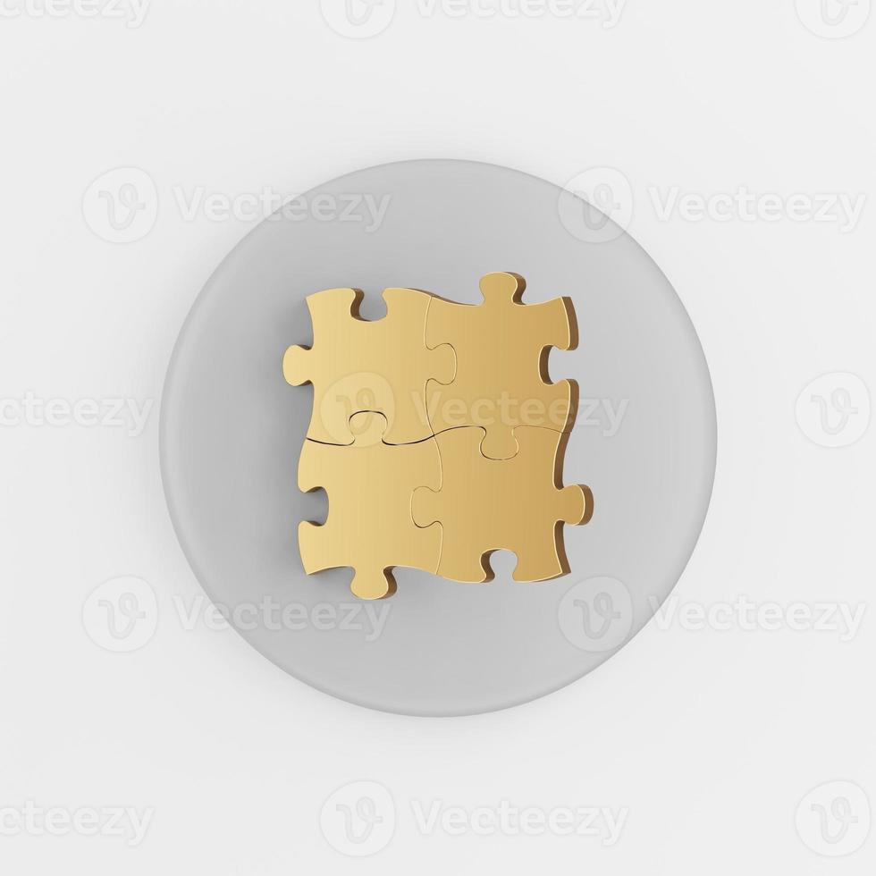 Gold fastened puzzles icon. 3d rendering gray round key button, interface ui ux element. photo