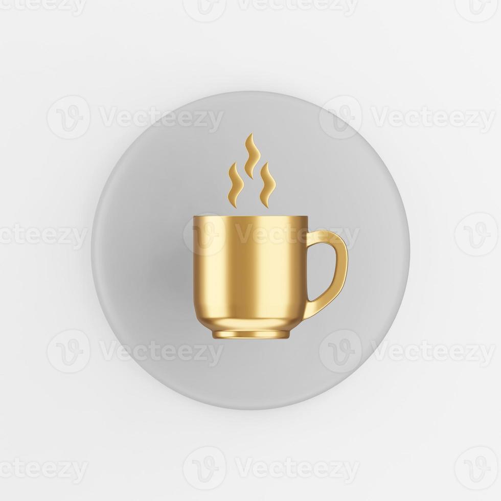 Golden coffee cup icon. 3d rendering gray round key button, interface ui ux element. photo