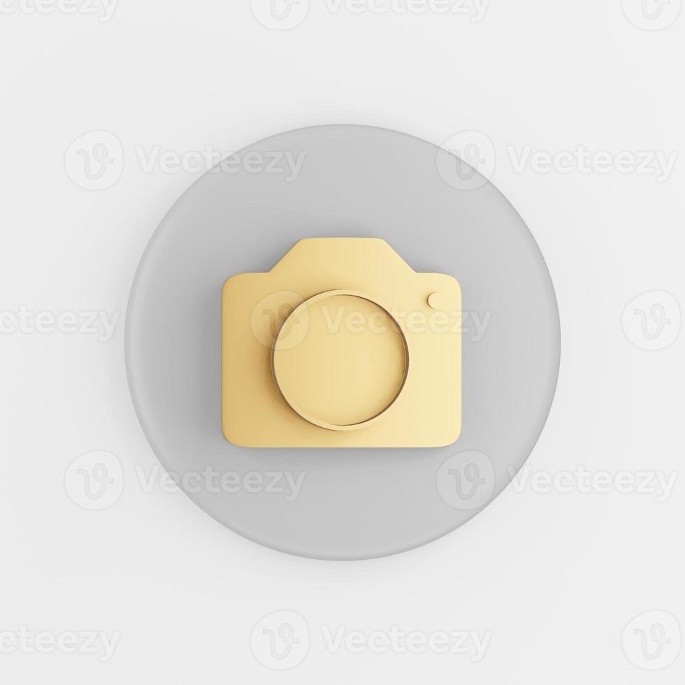 Gold photo camera icon in flat style. 3d rendering gray round key button, interface ui ux element.