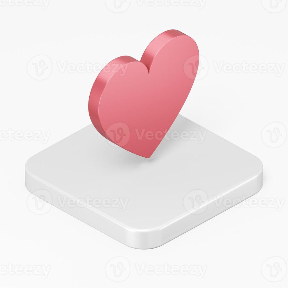 icono de corazón plano rojo. Vista isométrica de la tecla del botón cuadrado de representación 3d, elemento ui ux de la interfaz. foto