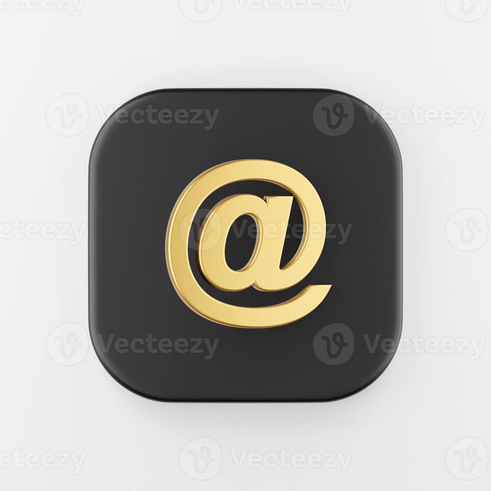 Email symbol golden icon, at sign. 3d rendering black square key button, interface ui ux element. photo