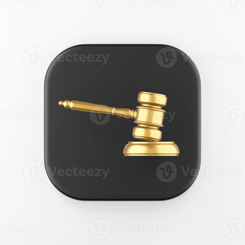 Gold gavel judge icon. 3d rendering black square key button, interface ui ux element. photo