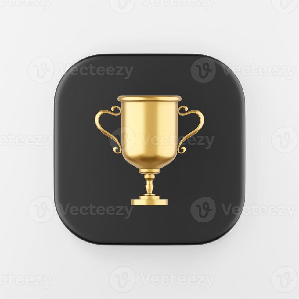 icono de la copa de oro ganador. Tecla de botón cuadrado negro de representación 3d, elemento ui ux de interfaz. foto