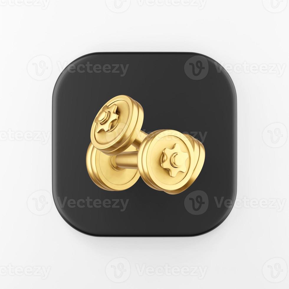 Gold dumbbells icon. 3d rendering black square button key, interface ui ux element. photo