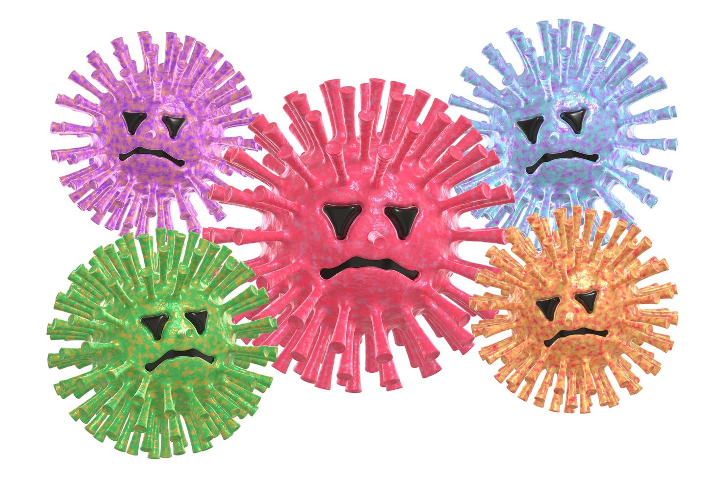 Group of colored atypical pneumonia virus molecule funny and scary character cartoon style with face. The concept of the disease, pandemic, flu, coronavirus isolated white background. 3D rendering photo
