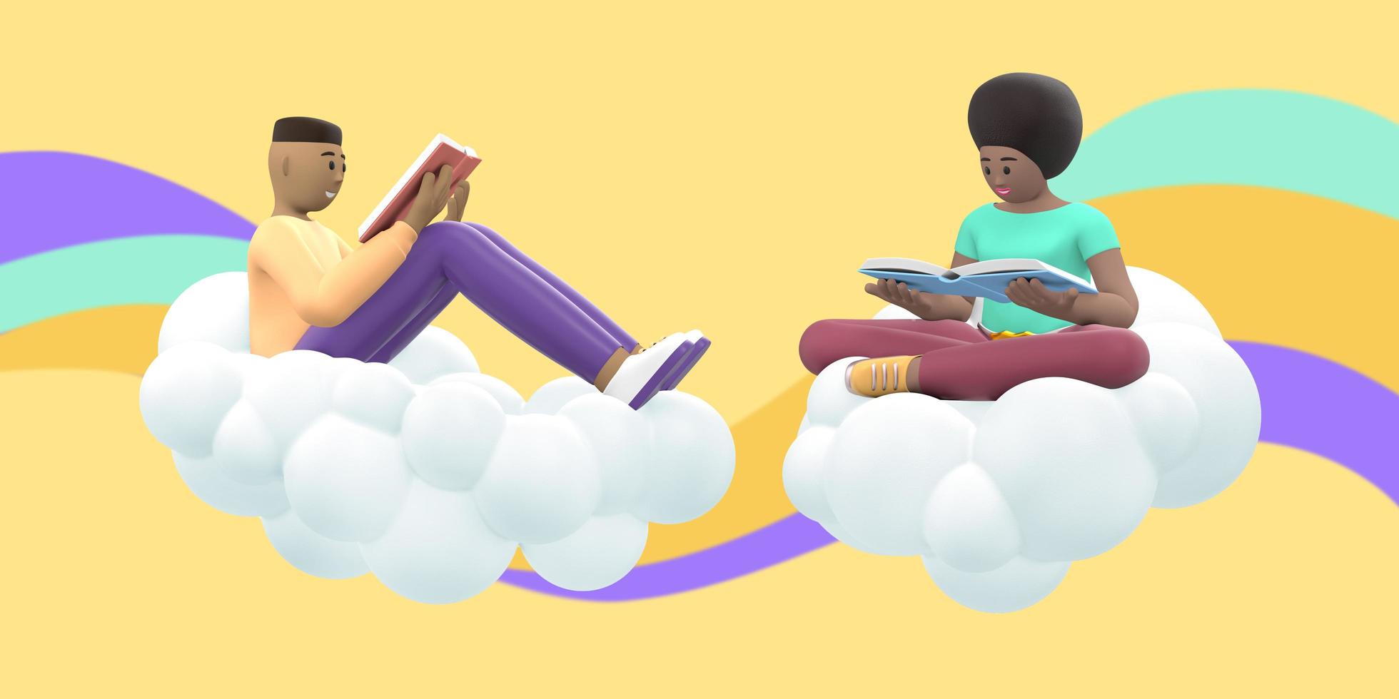 fanático de la literatura, un joven y una niña africana en el cielo en una nube están leyendo un libro. gente de dibujos animados divertidos y abstractos sobre un fondo amarillo con ondas de colores. representación 3d foto
