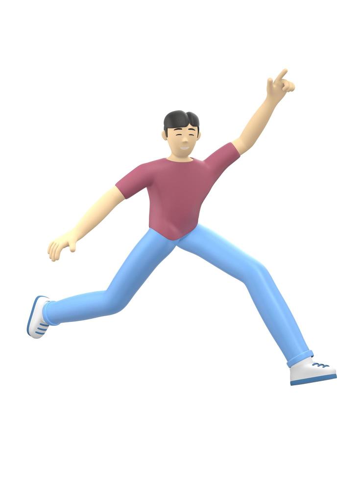 3D rendering character of an Asian guy jumping and dancing holding his hands up. Happy cartoon people, student, businessman. Positive illustration is isolated on a white background. photo