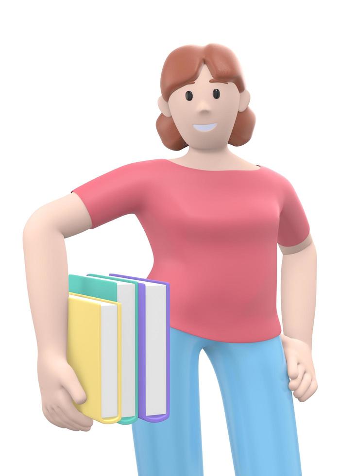 personaje una niña fanática de la literatura tiene libros en sus manos. personas de dibujos animados divertidos y abstractos aislados en un fondo blanco. representación 3d foto