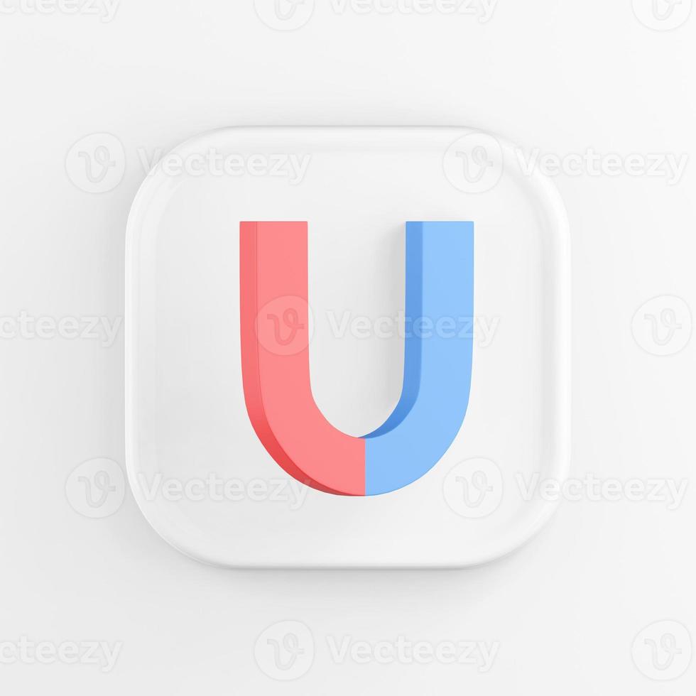 3D rendering of a white square icon button. Horseshoe magnet blue and red isolated on white background. photo