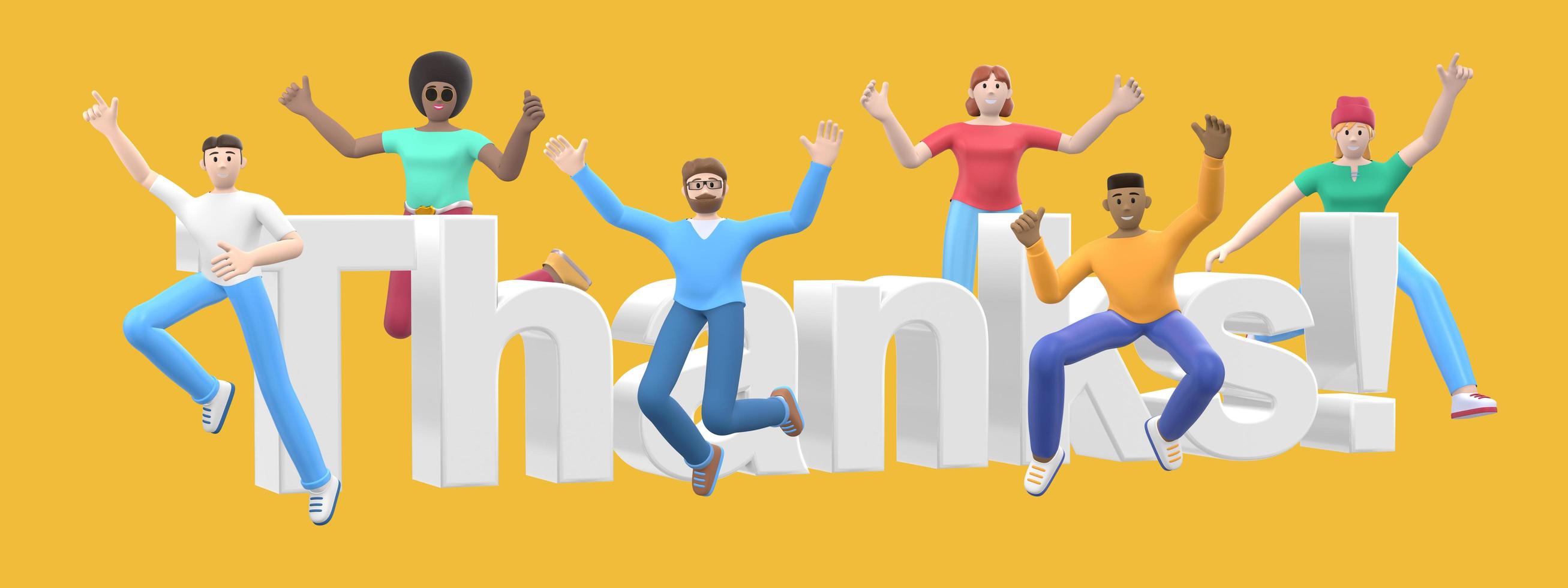 The word thanks on a yellow background. Group of young multicultural happy people jump and dance together. Horizontal banner cartoon character and website slogan. 3D rendering. photo