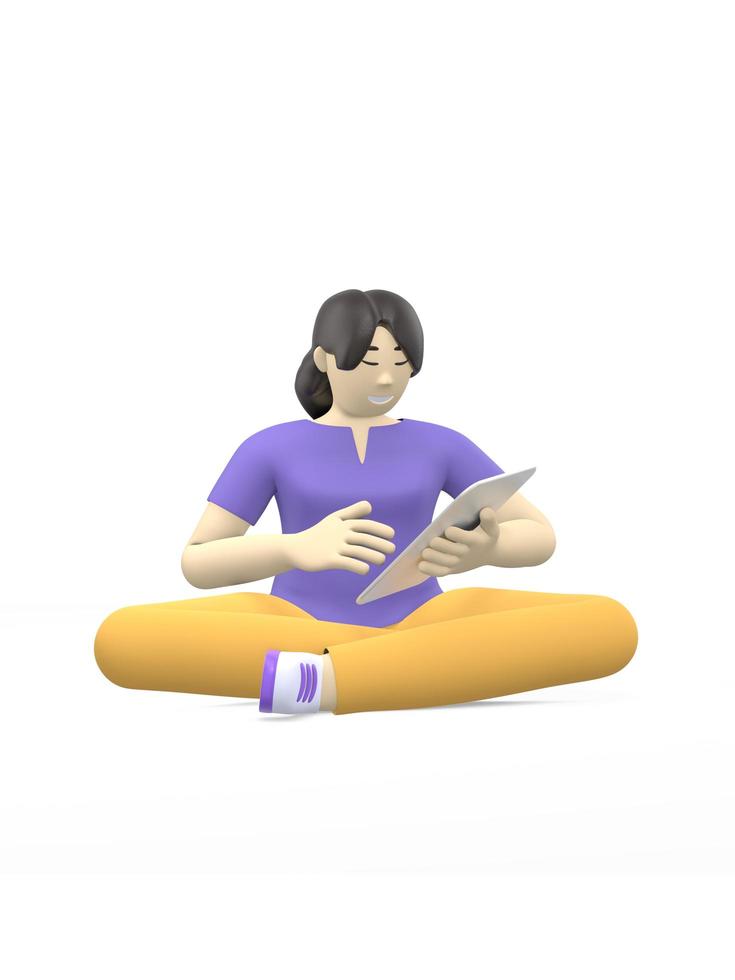 3D rendering character of an asian girl sitting in lotus position with a tablet. The concept of study, business, leader, startup. Positive illustration is isolated on a white background. photo
