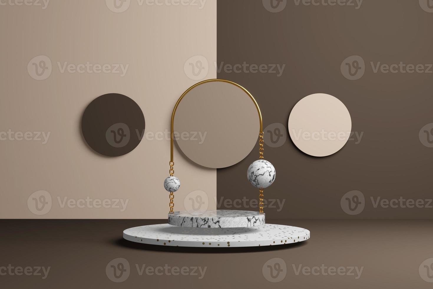 3D rendering abstract white marble product showcase. A pedestal in golden arch levitates in pastel brown interior amid three circles on wall divided into light and dark. Fashion catwalk simple shape. photo