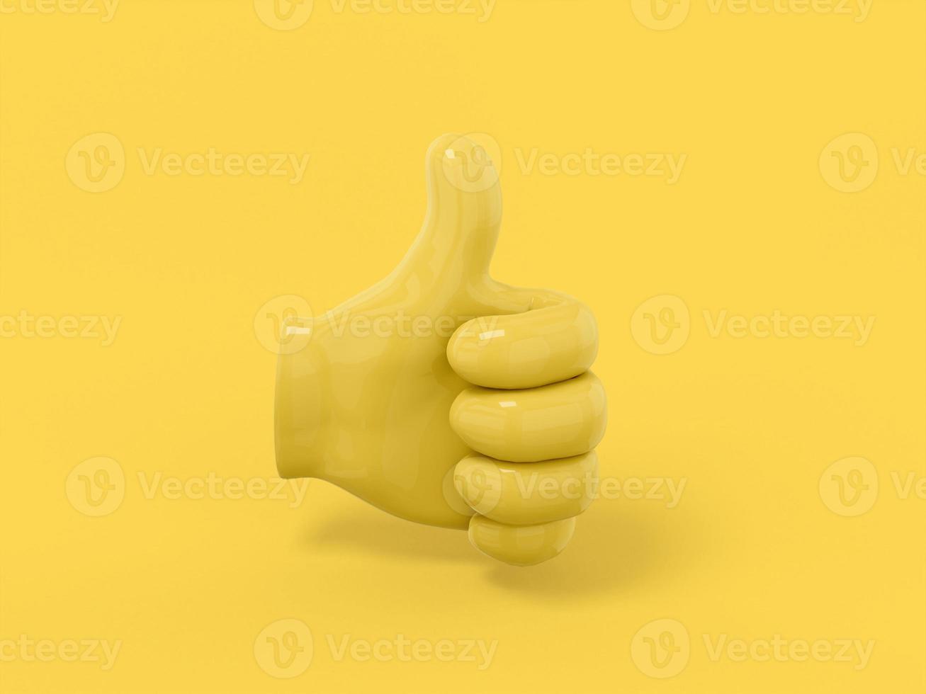 palma de un solo color amarillo con el pulgar hacia arriba sobre fondo monocromático amarillo. objeto de diseño minimalista. icono de renderizado 3d elemento de interfaz ui ux. foto