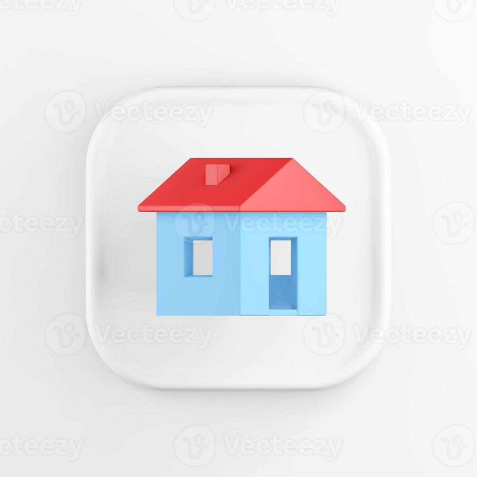 3D rendering square white button icon, blue house with red roof isolated on white background. photo