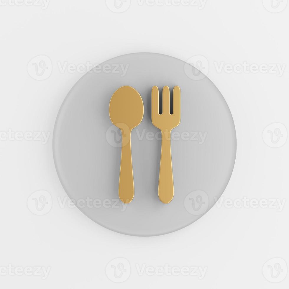 Golden fork and spoon icon in flat style. 3d rendering gray round button key, interface ux ui element. photo