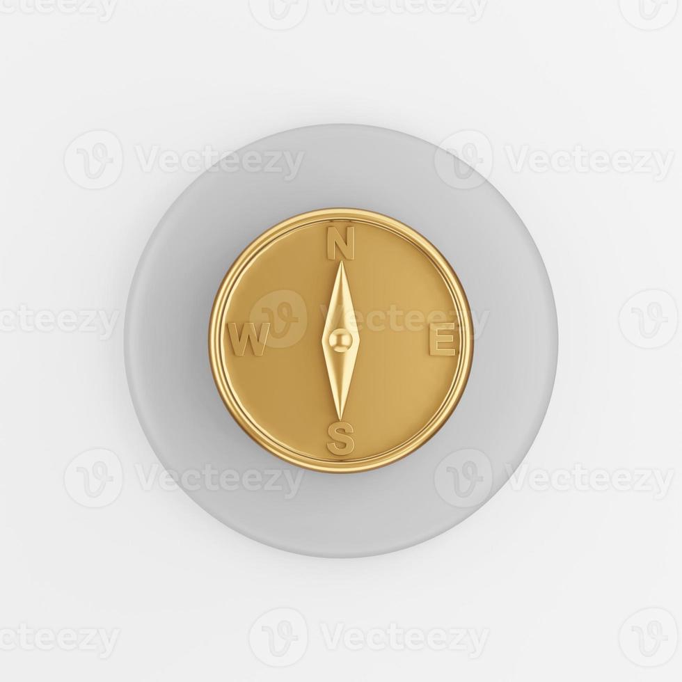 Golden magnetic compass icon. 3d rendering gray round key button, interface ui ux element. photo