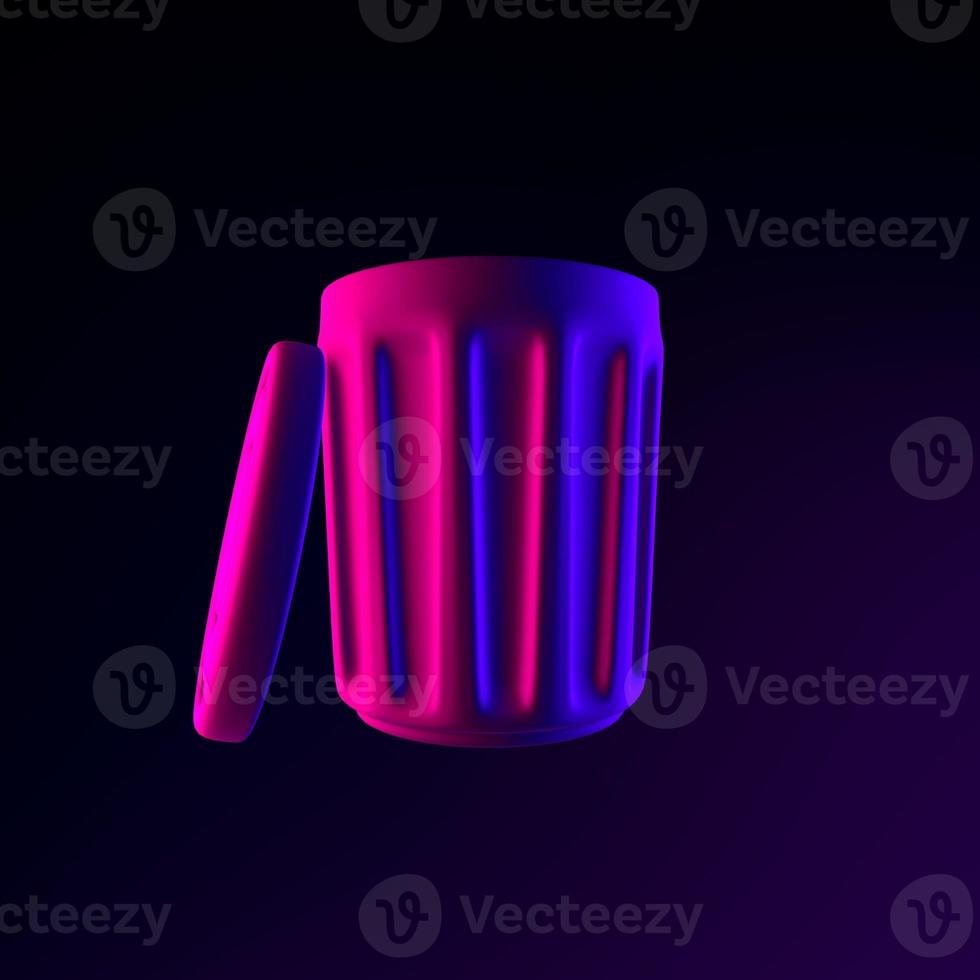 Neon trash can icon with lid. 3d rendering ui ux interface element. Dark glowing symbol. photo