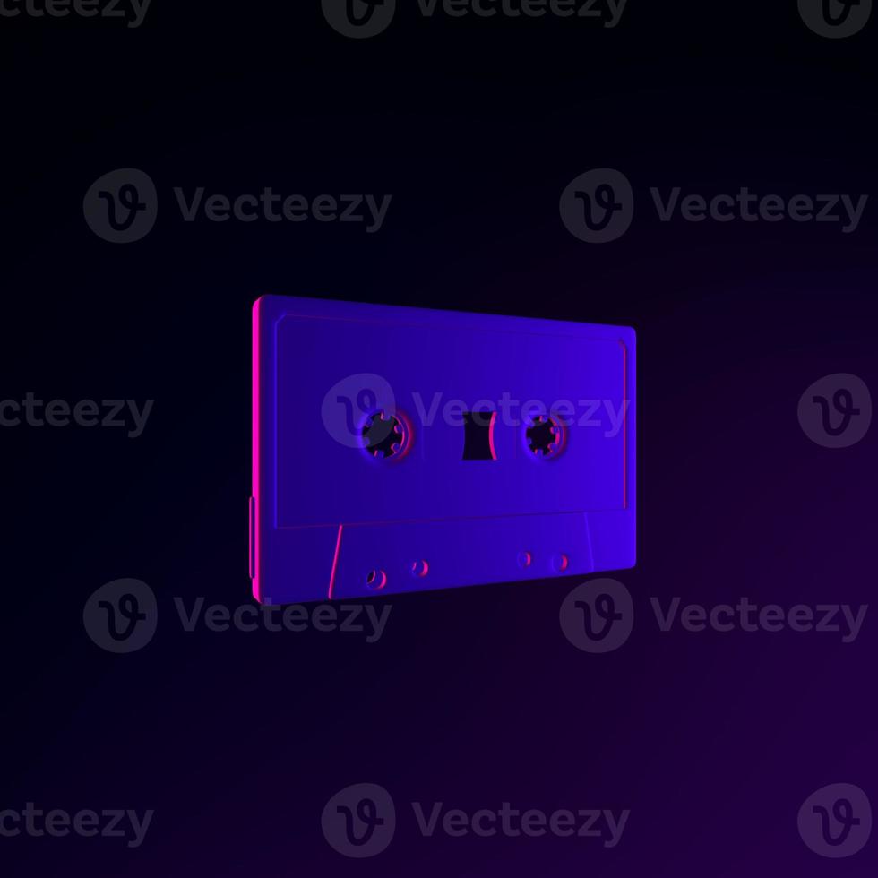 Neon cassette icon. 3d rendering ui ux interface element. Dark glowing symbol. photo