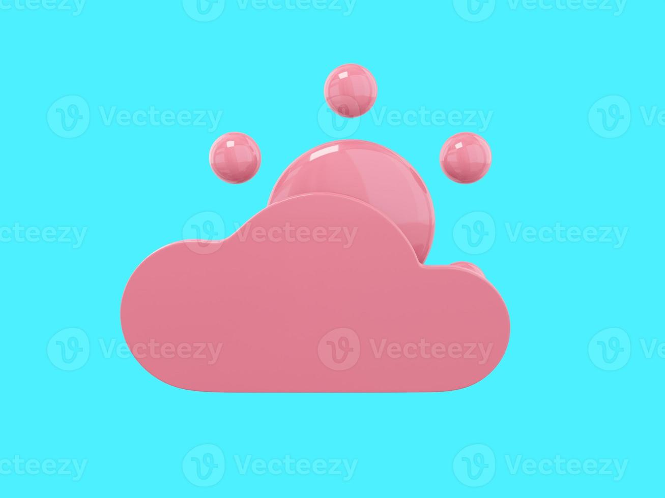 Pink mono color cartoon sun behind cloud front view on blue solid background. Minimalistic design object. 3d rendering icon ui ux interface element. photo