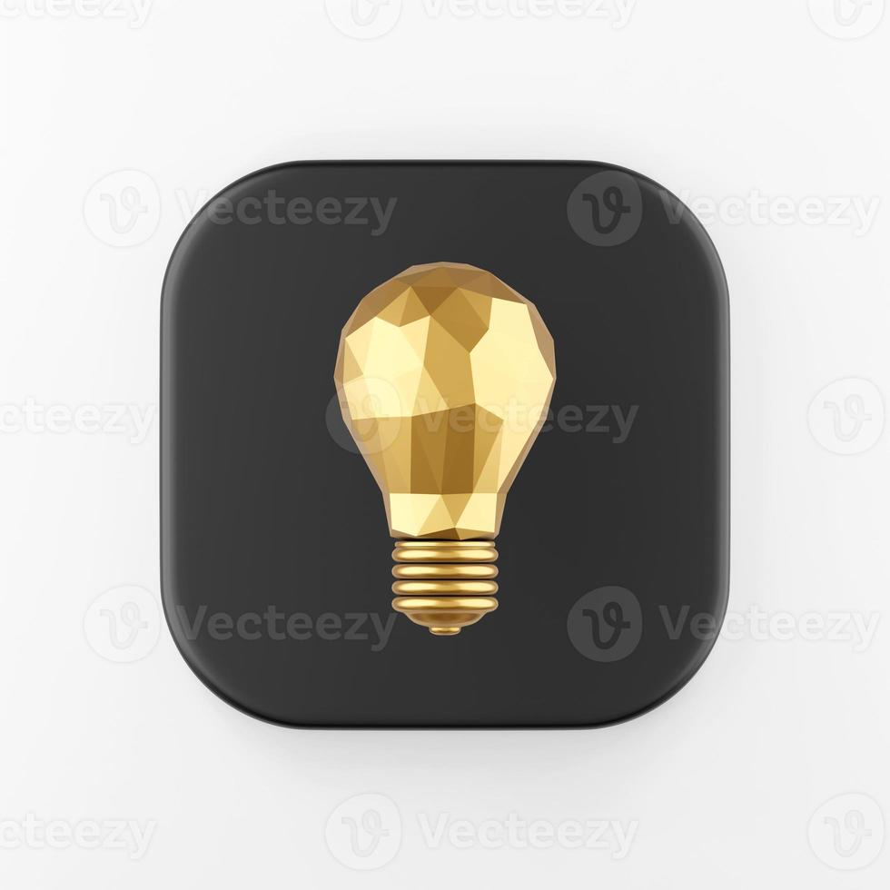 Gold low poly light bulb icon. 3d rendering black square key button, interface ui ux element. photo
