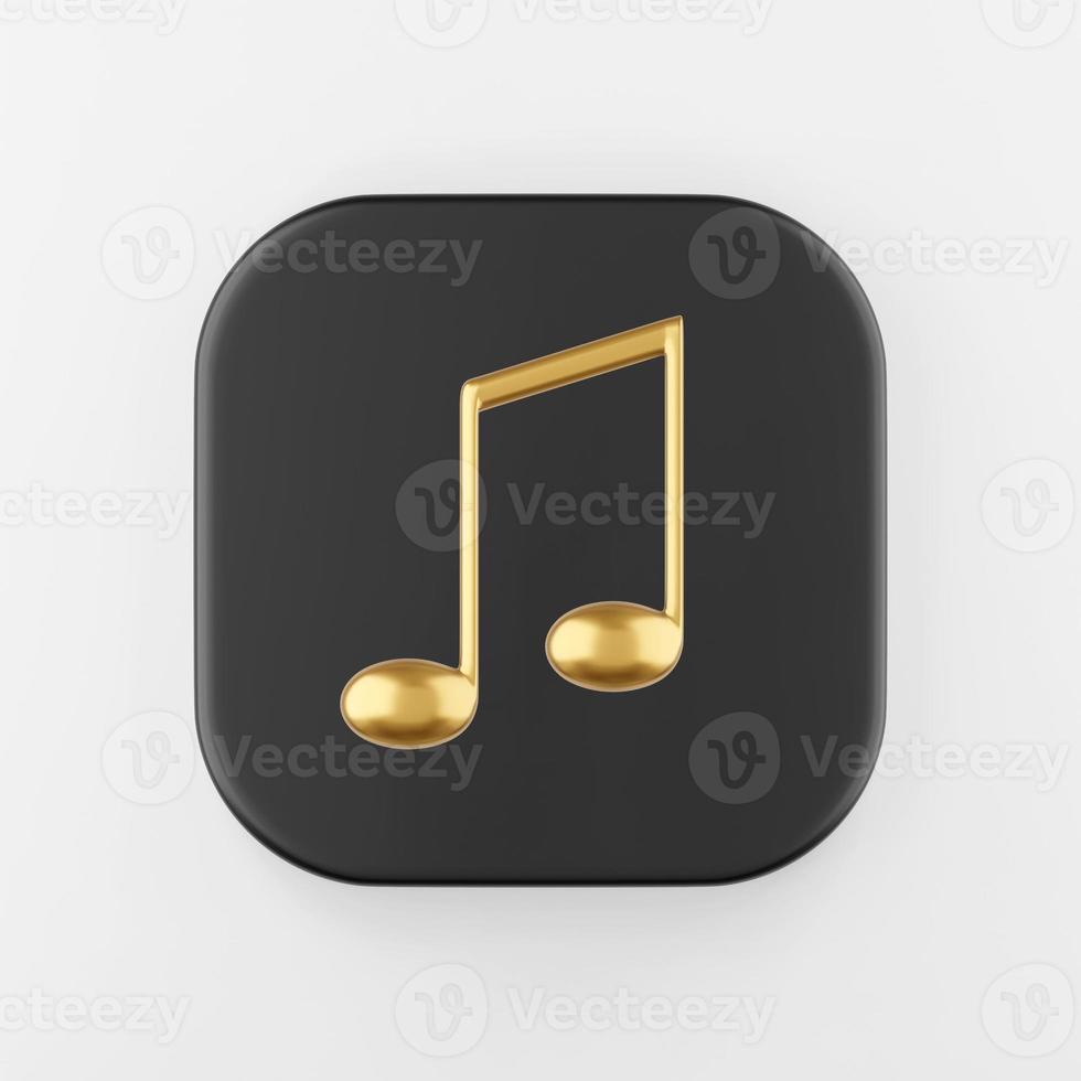 Gold musical note icon in cartoon style. 3d rendering black square button key, interface ui ux element. photo